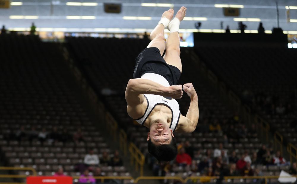 Iowa's Bennet Huang competes on the pommel horse against UIC and Minnesota Saturday, February 2, 2019 at Carver-Hawkeye Arena. (Brian Ray/hawkeyesports.com)