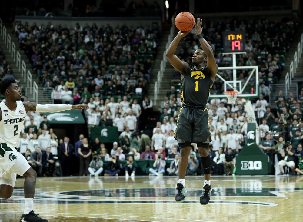 Iowa Hawkeyes guard Joe Toussaint (1) against Michigan State Tuesday, February 25, 2020 at the Breslin Center in East Lansing, MI. (Brian Ray/hawkeyesports.com)