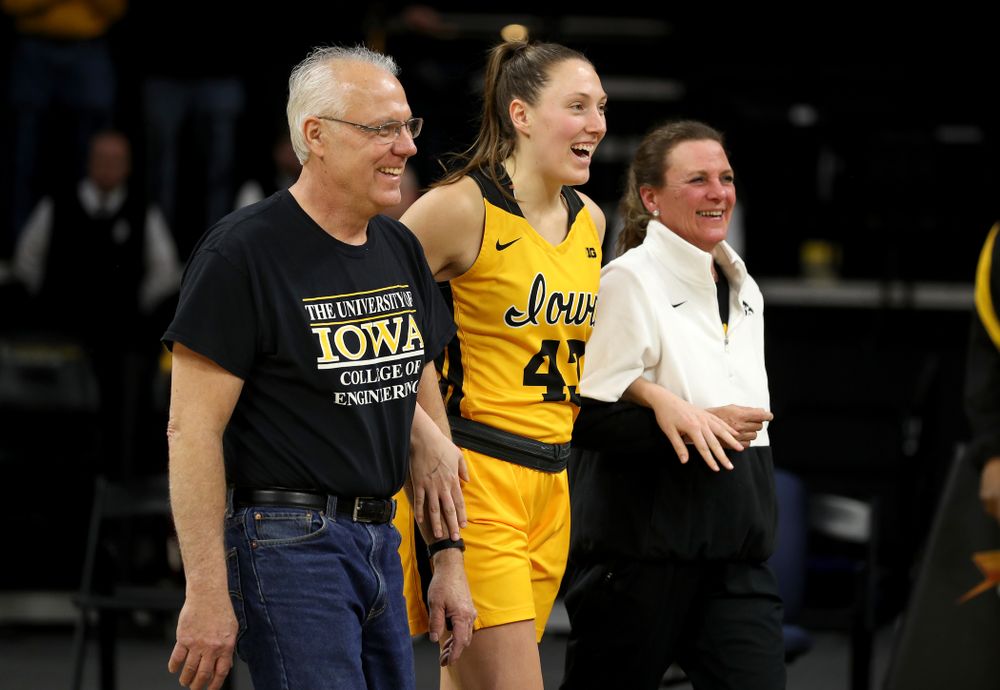 Iowa Hawkeyes forward Amanda Ollinger (43) during senior day activities following their win over the Minnesota Golden Gophers Thursday, February 27, 2020 at Carver-Hawkeye Arena. (Brian Ray/hawkeyesports.com)