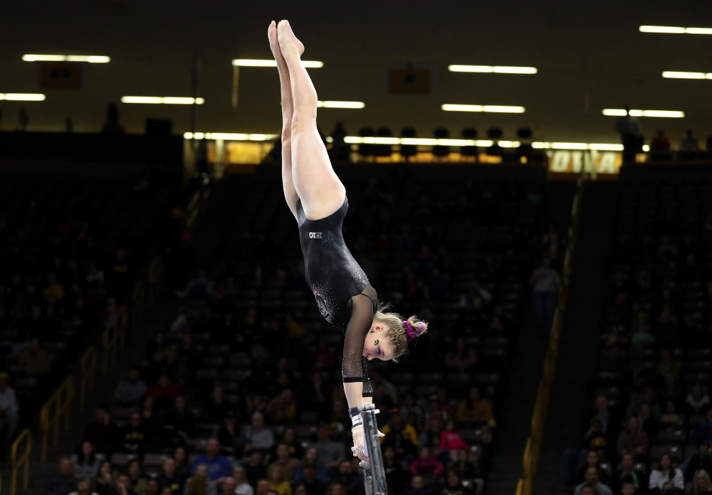 Iowa’s Allyson Steffensmeier competes on the bars against Michigan Friday, February 14, 2020 at Carver-Hawkeye Arena. (Brian Ray/hawkeyesports.com)