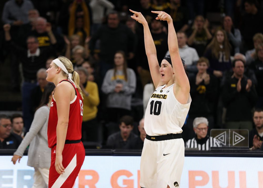 Iowa Hawkeyes forward Megan Gustafson (10) celebrates their victory against the Nebraska Cornhuskers Thursday, January 3, 2019 at Carver-Hawkeye Arena. (Brian Ray/hawkeyesports.com)