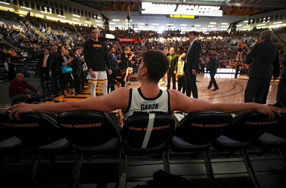 Iowa Hawkeyes center Luka Garza (55) waits to be introduced before their game at Carver-Hawkeye Arena in Iowa City on Sunday, Nov 24, 2019. (Stephen Mally/hawkeyesports.com)