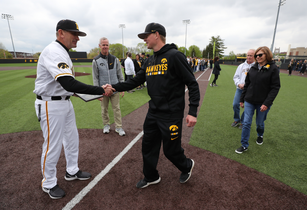 Student Manager T.J. Feldman during senior day festivities before their game against Michigan State Sunday, May 12, 2019 at Duane Banks Field. (Brian Ray/hawkeyesports.com)