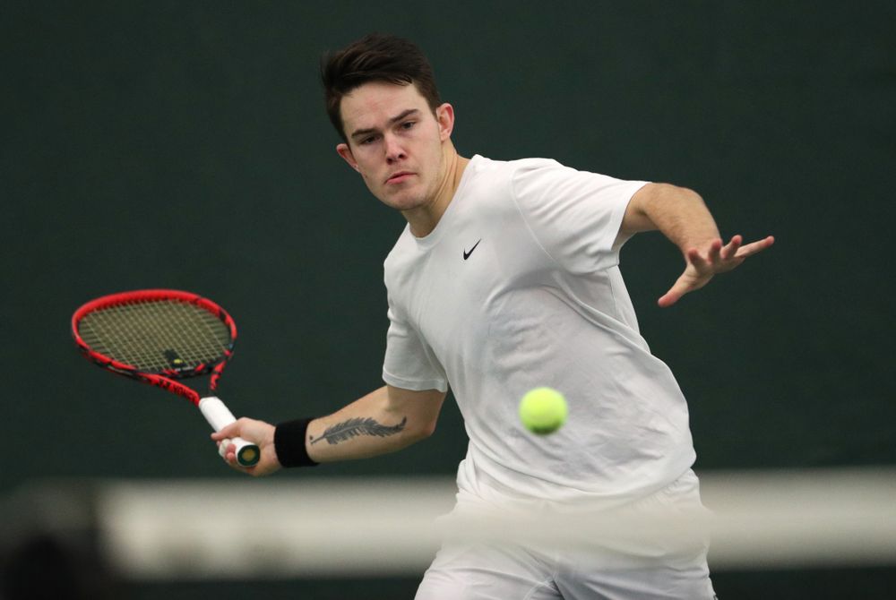 Iowa's Jonas Larsen against North Dakota Friday, January 25, 2019 at the Hawkeye Tennis and Recreation Complex. (Brian Ray/hawkeyesports.com)