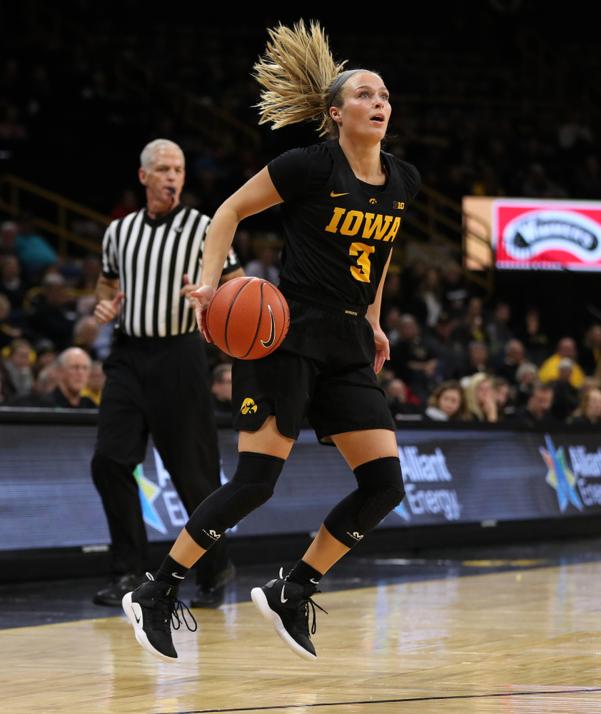 Iowa Hawkeyes guard Makenzie Meyer (3) against the Iowa State Cyclones in the Iowa Corn Cy-Hawk Series Wednesday, December 5, 2018 at Carver-Hawkeye Arena. (Brian Ray/hawkeyesports.com)