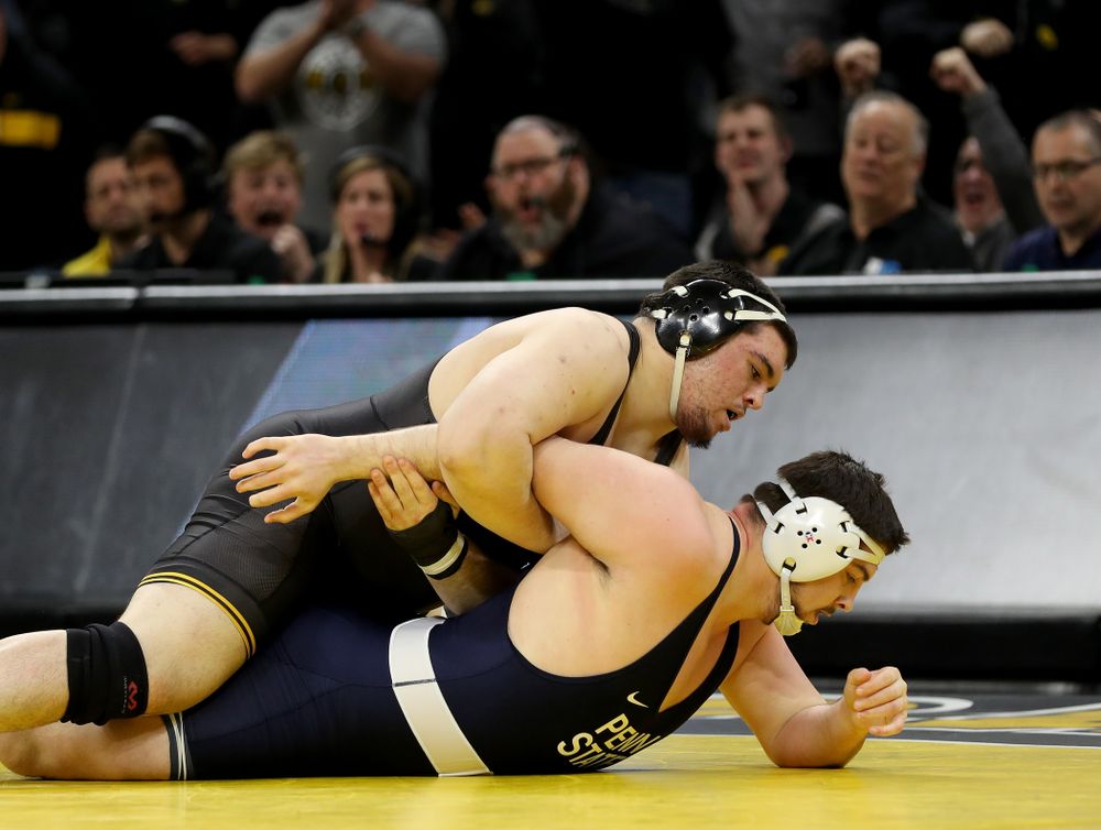 Iowa’s Tony Cassioppi wrestles Penn State’s Seth Nevills at heavyweight Friday, January 31, 2020 at Carver-Hawkeye Arena. Cassioppi won the match 6-0. (Brian Ray/hawkeyesports.com)