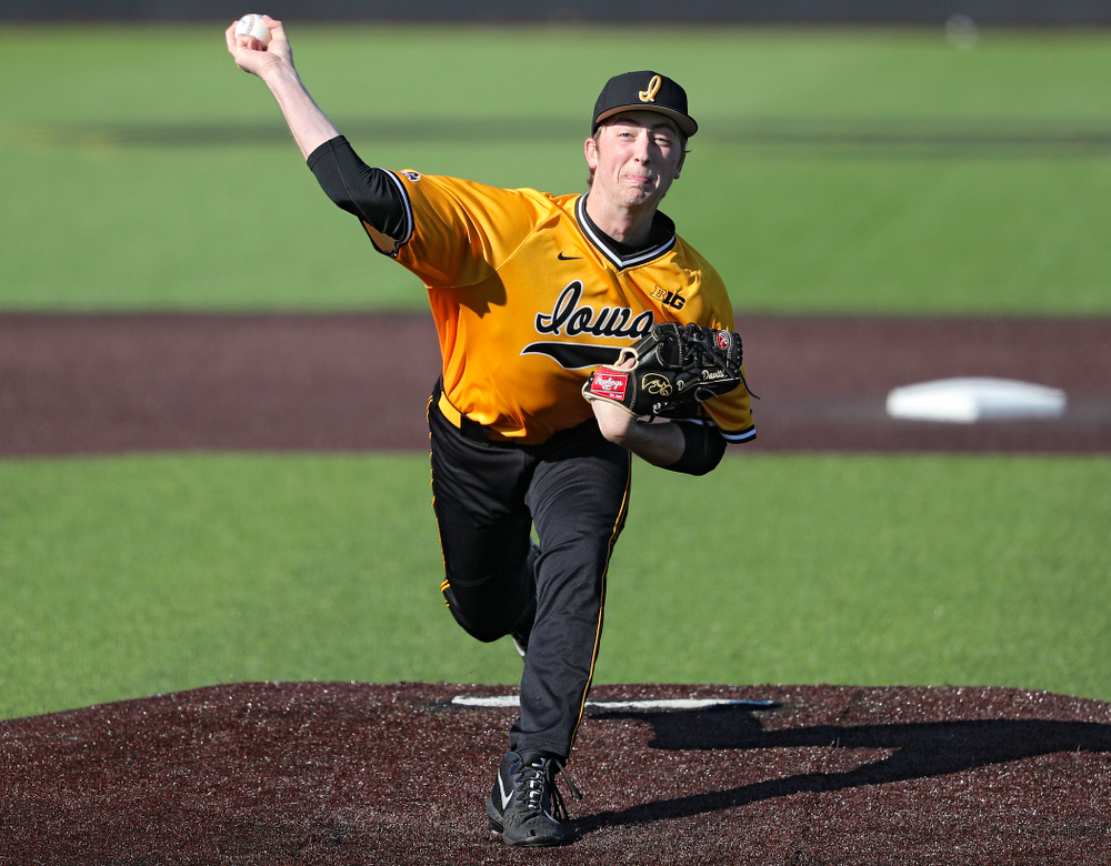 Iowa Hawkeyes pitcher Duncan Davitt (44) delivers to the plate during the fourth inning of their game at Duane Banks Field in Iowa City on Tuesday, Apr. 2, 2019. (Stephen Mally/hawkeyesports.com)