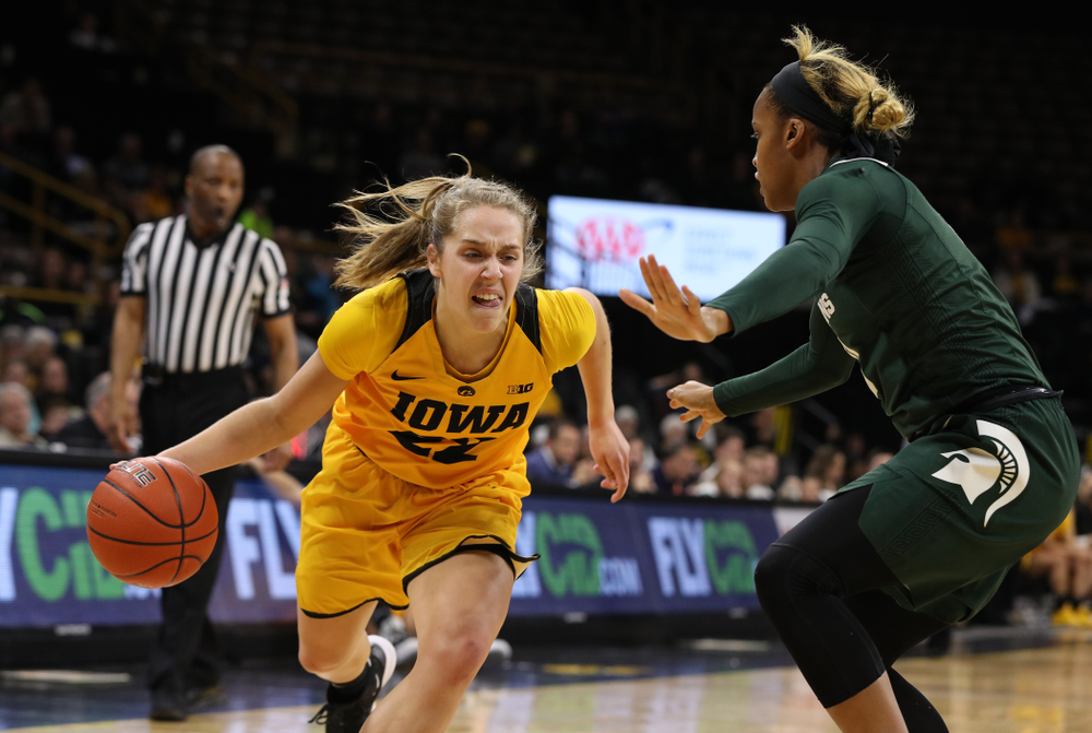 Iowa Hawkeyes guard Kathleen Doyle (22) against the Michigan State Spartans Thursday, February 7, 2019 at Carver-Hawkeye Arena. (Brian Ray/hawkeyesports.com)