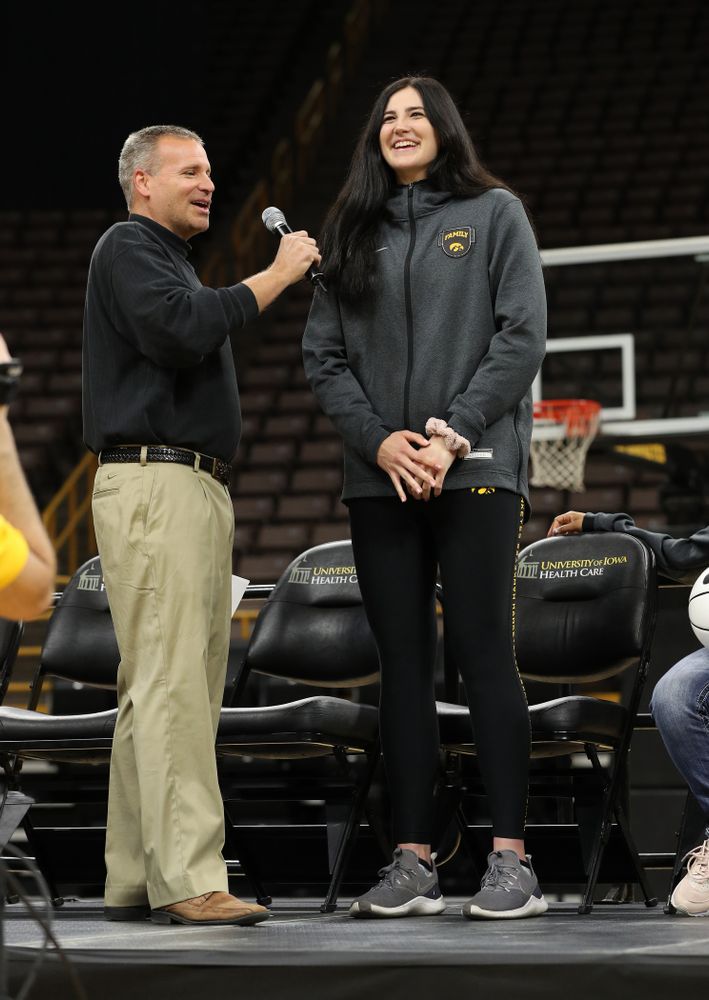 Iowa WomenÕs Basketball radio announcer Rob Books and forward Megan Gustafson (10) during the teamÕs Celebr-Eight event Wednesday, April 24, 2019 at Carver-Hawkeye Arena. (Brian Ray/hawkeyesports.com)