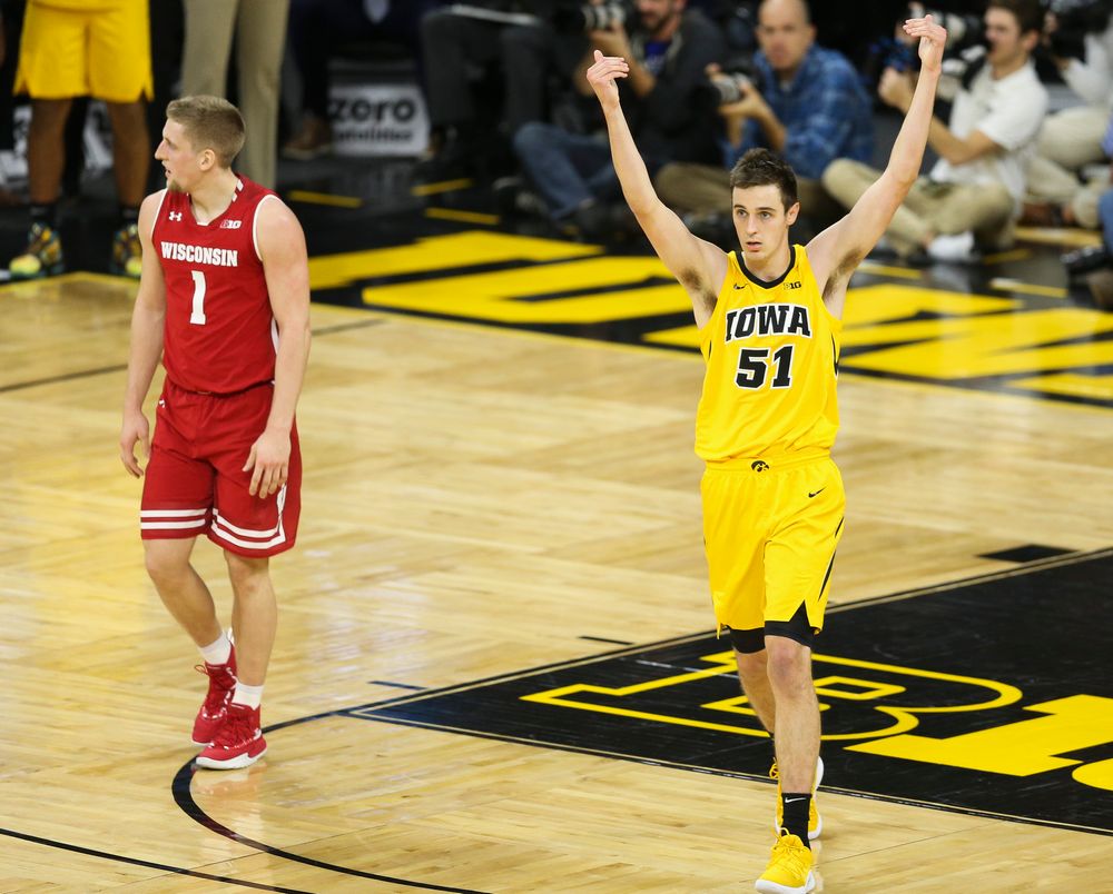 Iowa Hawkeyes forward Nicholas Baer (51) reacts after blocking a shot against Wisconsin on November 30, 2018 at Carver-Hawkeye Arena. (Tork Mason/hawkeyesports.com)