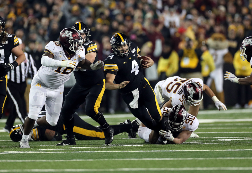 Iowa Hawkeyes quarterback Nate Stanley (4) Against the Minnesota Golden Gophers Saturday, November 16, 2019 at Kinnick Stadium. (Brian Ray/hawkeyesports.com)