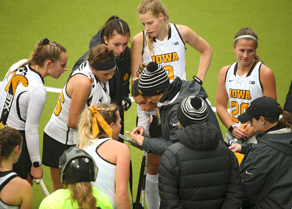 Iowa assistant coach Roz Ellis talks with Ciara Smith (17) during the third quarter of their NCAA Tournament First Round match against Duke at Karen Shelton Stadium in Chapel Hill, N.C. on Friday, Nov 15, 2019. (Stephen Mally/hawkeyesports.com)