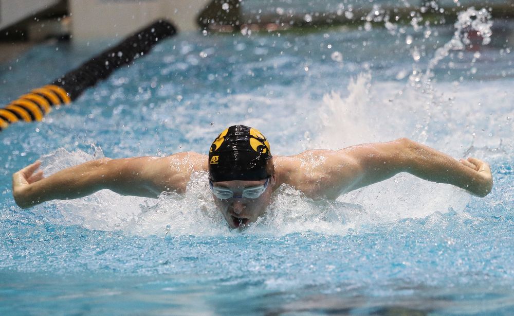 Iowa's Caleb Babb competes in the 100-yard butterfly during a meet against Michigan and Denver at the Campus Recreation and Wellness Center on November 3, 2018. (Tork Mason/hawkeyesports.com)