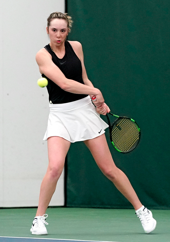 Iowa's Samantha Mannix during their doubles match against Indiana at the Hawkeye Tennis and Recreation Complex in Iowa City on Sunday, Mar. 31, 2019. (Stephen Mally/hawkeyesports.com)