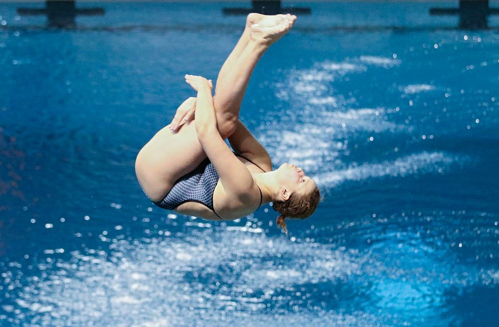 Iowa’s Claire Park competes in the 1 meter diving event during their meet at the Campus Recreation and Wellness Center in Iowa City on Friday, February 7, 2020. (Stephen Mally/hawkeyesports.com)
