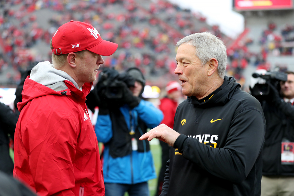 Iowa Hawkeyes head coach Kirk Ferentz and Nebraska Cornhuskers head coach Scott Frost before their game Friday, November 29, 2019 at Memorial Stadium in Lincoln, Neb. (Brian Ray/hawkeyesports.com)