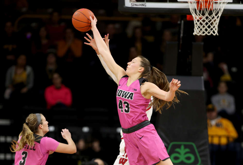 Iowa Hawkeyes forward Amanda Ollinger (43) against the Wisconsin Badgers Sunday, February 16, 2020 at Carver-Hawkeye Arena. (Brian Ray/hawkeyesports.com)
