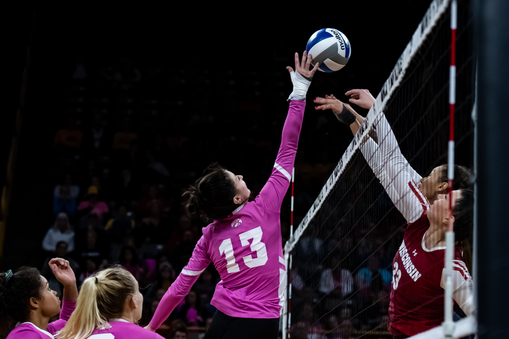 Iowa Hawkeyes middle blocker Sarah Wing (13) against the Wisconsin Badgers Saturday, October 6, 2018 at Carver-Hawkeye Arena. (Clem Messerli/Iowa Sports Pictures)