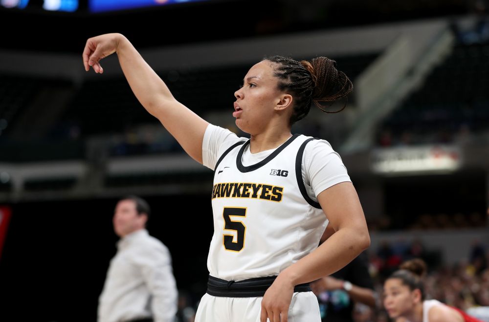 Iowa Hawkeyes guard Alexis Sevillian (5) against Ohio State in the quarterfinals of the Big Ten Basketball Tournament Friday, March 6, 2020 at Bankers Life Fieldhouse in Indianapolis. (Brian Ray/hawkeyesports.com)