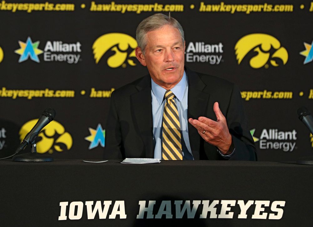 Iowa Hawkeyes head coach Kirk Ferentz answers questions during Iowa Football Media Day at Carver-Hawkeye Arena in Iowa City on Friday, Aug 9, 2019. (Stephen Mally/hawkeyesports.com)