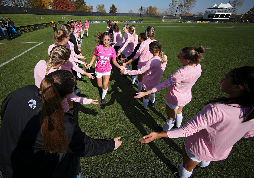 Iowa defender Hannah Drkulec (17) takes the field before their match at the Iowa Soccer Complex in Iowa City on Sunday, Oct 27, 2019. (Stephen Mally/hawkeyesports.com)