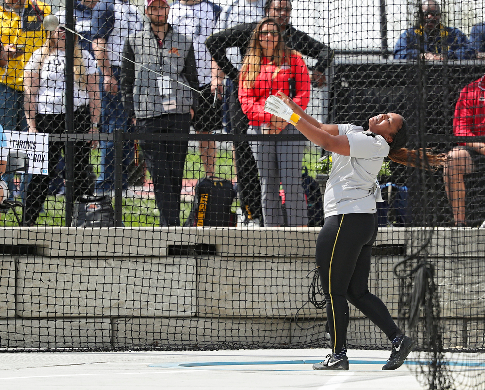 Iowa's Nia Britt throws during the women’s hammer throw event on the first day of the Big Ten Outdoor Track and Field Championships at Francis X. Cretzmeyer Track in Iowa City on Friday, May. 10, 2019. (Stephen Mally/hawkeyesports.com)