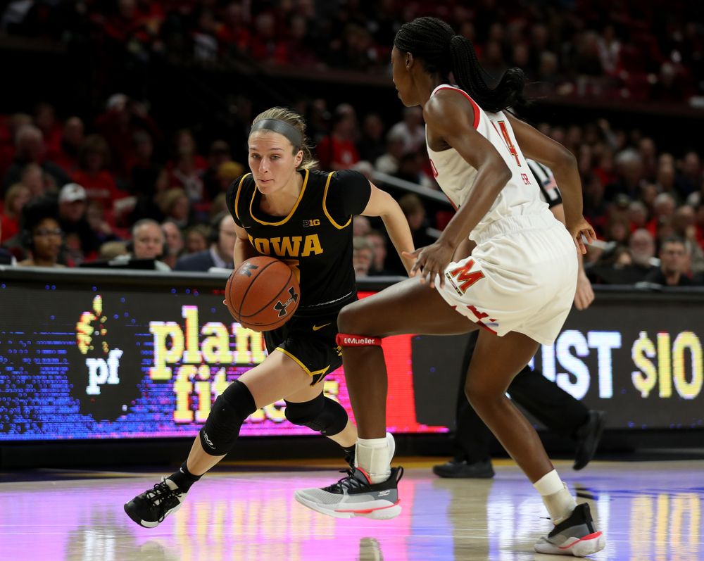Iowa Hawkeyes guard Makenzie Meyer (3) against the Maryland Terrapins Thursday, February 13, 2020 at the Xfinity Center in College Park, MD. (Brian Ray/hawkeyesports.com)