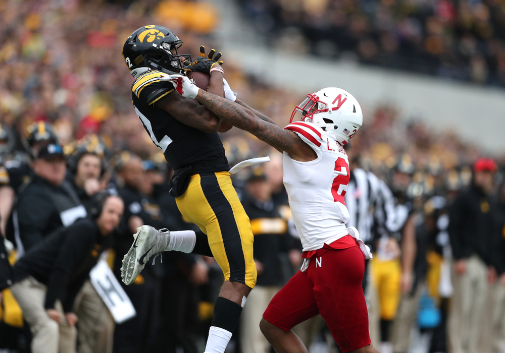 Iowa Hawkeyes wide receiver Brandon Smith (12) against the Nebraska Cornhuskers Friday, November 23, 2018 at Kinnick Stadium. (Brian Ray/hawkeyesports.com)