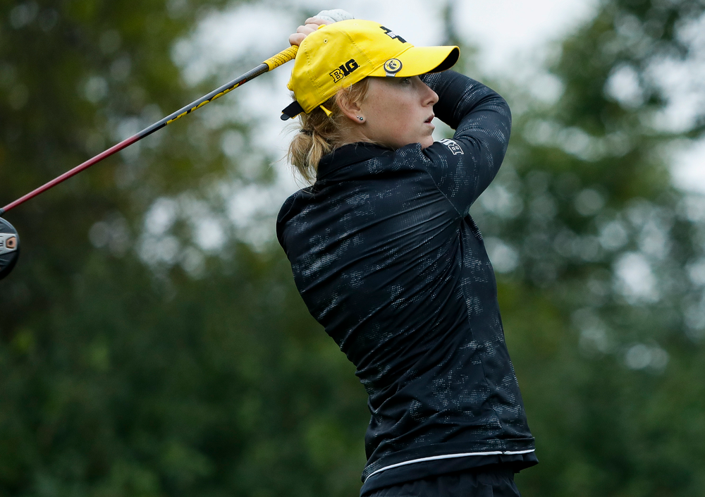 Iowa's Kristin Glesne tees off during the final round of the Diane Thomason Invitational at Finkbine Golf Course on September 30, 2018. (Tork Mason/hawkeyesports.com)