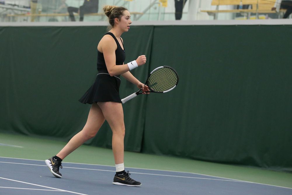 Iowa’s Samantha Mannix celebrates a point during the Iowa women’s tennis meet vs UNI on Saturday, February 29, 2020 at the Hawkeye Tennis and Recreation Complex. (Lily Smith/hawkeyesports.com)