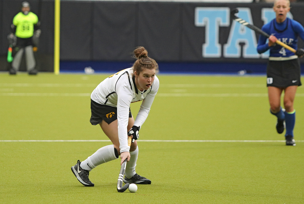 Iowa’s Meghan Conroy (5) looks to pass during the fourth quarter of their NCAA Tournament First Round match against Duke at Karen Shelton Stadium in Chapel Hill, N.C. on Friday, Nov 15, 2019. (Stephen Mally/hawkeyesports.com)