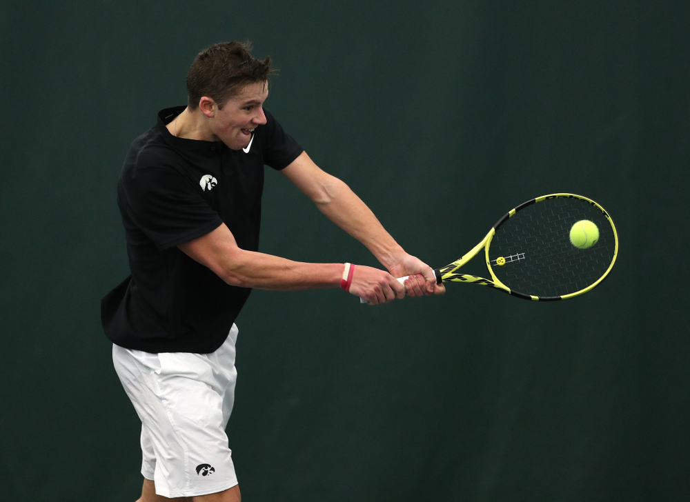 Joe Tyler against Utah Sunday, February 10, 2019 at the Hawkeye Tennis and Recreation Complex. (Brian Ray/hawkeyesports.com)