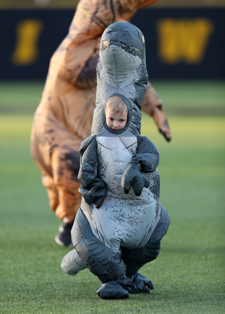Connor Gorzelanny runs the dinosaur race during the Iowa Hawkeyes game against the Michigan State Spartans Friday, May 10, 2019 at Duane Banks Field. (Brian Ray/hawkeyesports.com)