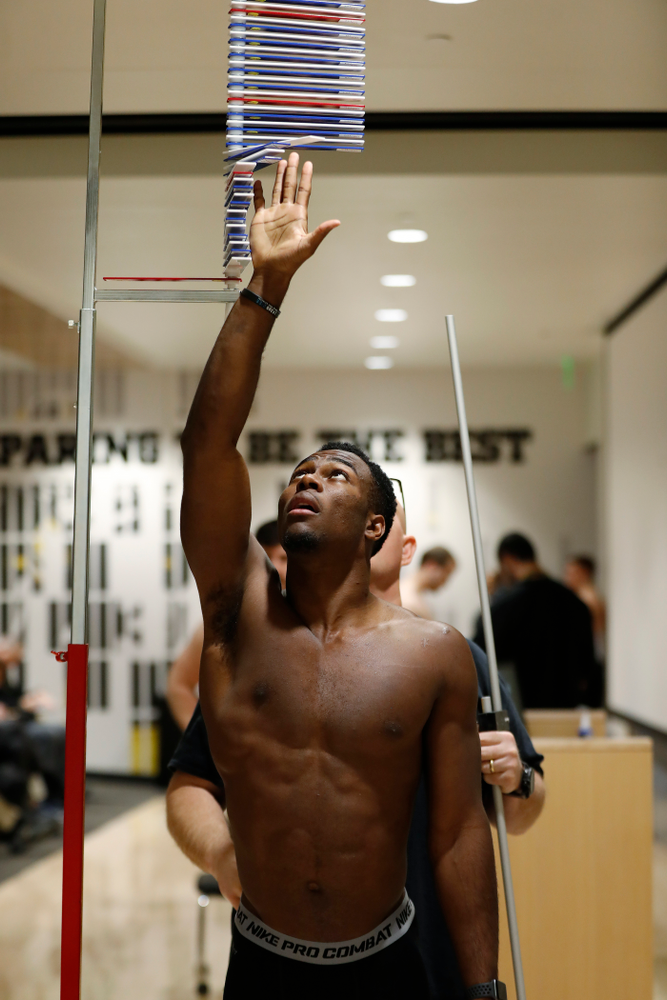 Iowa Hawkeyes defensive back Joshua Jackson (15) during the team's annual pro day Monday, March 26, 2018 at the Hansen Football Performance Center. (Brian Ray/hawkeyesports.com)