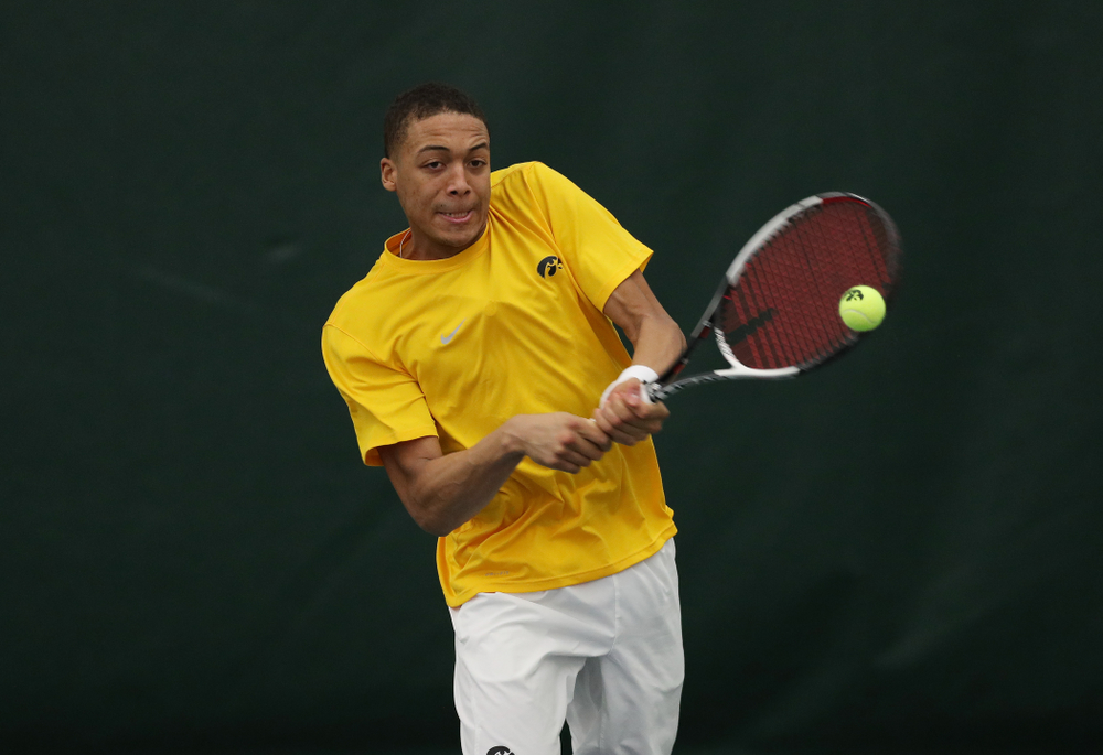 Oliver Okonkwo against Utah Sunday, February 10, 2019 at the Hawkeye Tennis and Recreation Complex. (Brian Ray/hawkeyesports.com)