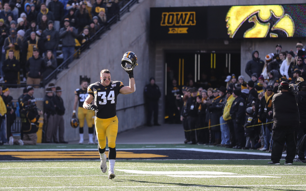 Iowa Hawkeyes linebacker Kristian Welch (34) during Senior Day festivities before their game against the Illinois Fighting Illini Saturday, November 23, 2019 at Kinnick Stadium. (Brian Ray/hawkeyesports.com)