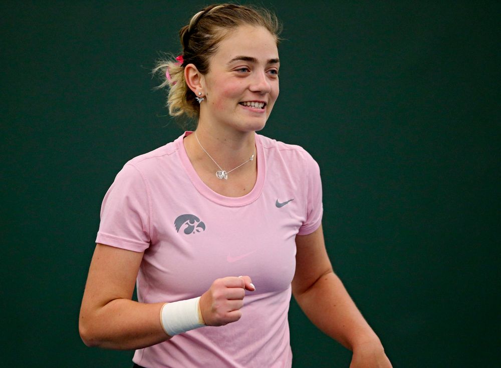Iowa's Sophie Clark celebrates a score during their doubles match against Purdue at the Hawkeye Tennis and Recreation Complex in Iowa City on Friday, Mar. 29, 2019. (Stephen Mally/hawkeyesports.com)