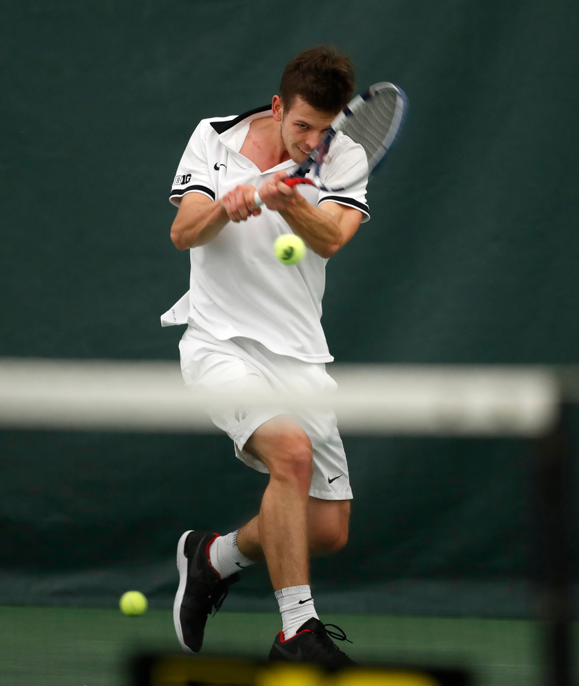 Piotr Smietana against Purdue Sunday, April 15, 2018 at the Hawkeye Tennis and Recreation Center. (Brian Ray/hawkeyesports.com)