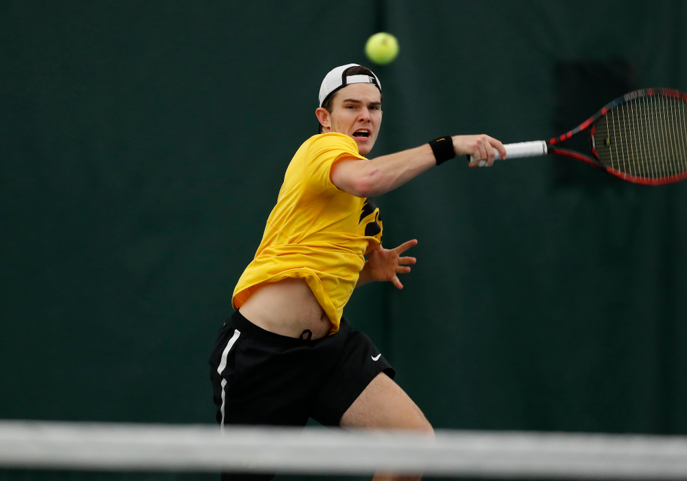 Jonas Larsen and Kareem Allaf play a doubles match against the Illinois Fighting Illini Saturday, March 31, 2018 at Hawkeye Tennis and Recreation Center. (Brian Ray/hawkeyesports.com)
