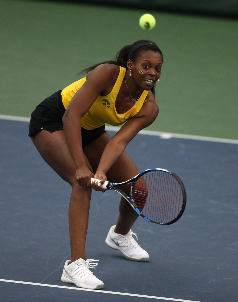 Iowa's Adorabol Huckleby against the Iowa State Cyclones Friday, February 8, 2019 at the Hawkeye Tennis and Recreation Complex. (Brian Ray/hawkeyesports.com)