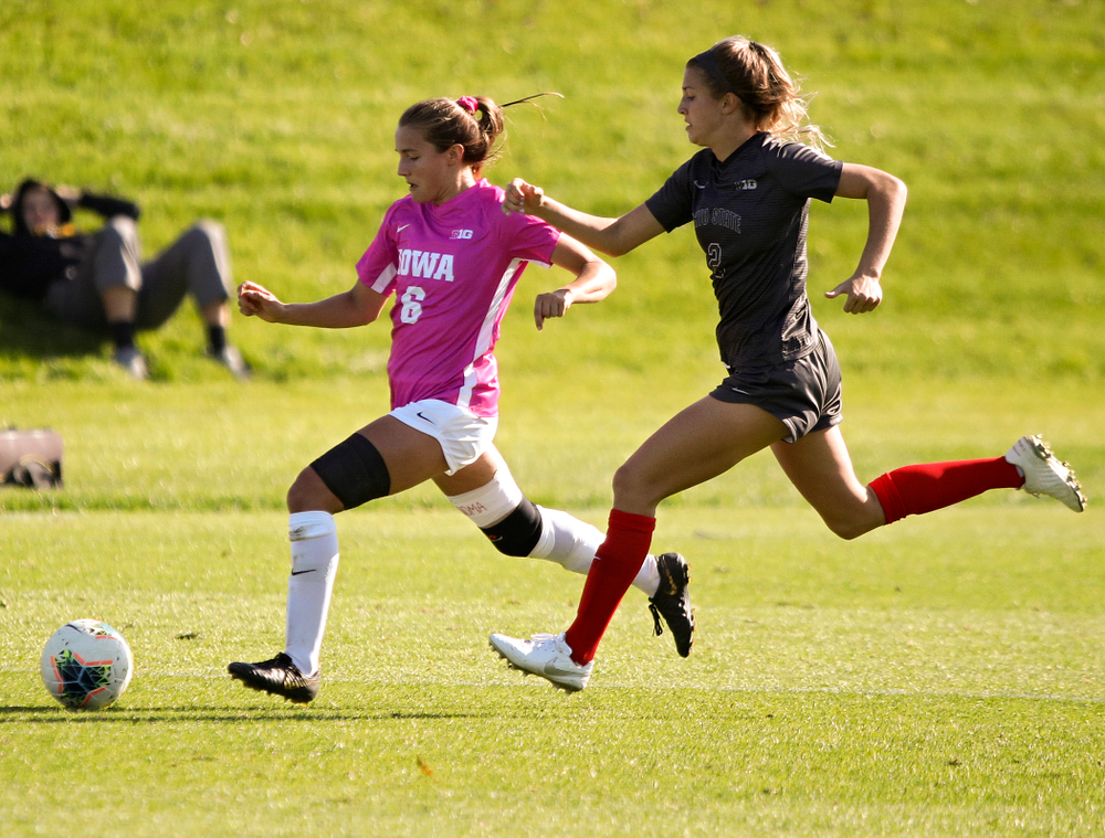 Iowa midfielder Isabella Blackman (6) moves with the ball during the second half of their match at the Iowa Soccer Complex in Iowa City on Sunday, Oct 27, 2019. (Stephen Mally/hawkeyesports.com)