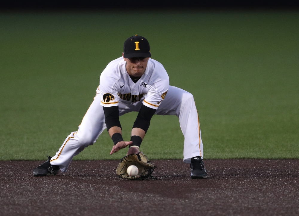 Iowa Hawkeyes Tanner Wetrich (16) makes a play during game one against UC Irvine Friday, May 3, 2019 at Duane Banks Field. (Brian Ray/hawkeyesports.com)