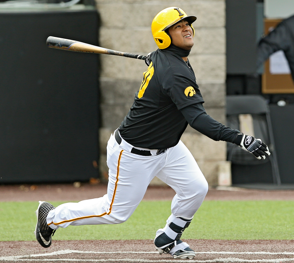 Iowa Hawkeyes first baseman Izaya Fullard (20) bats during the second inning of their game against Illinois at Duane Banks Field in Iowa City on Saturday, Mar. 30, 2019. (Stephen Mally/hawkeyesports.com)