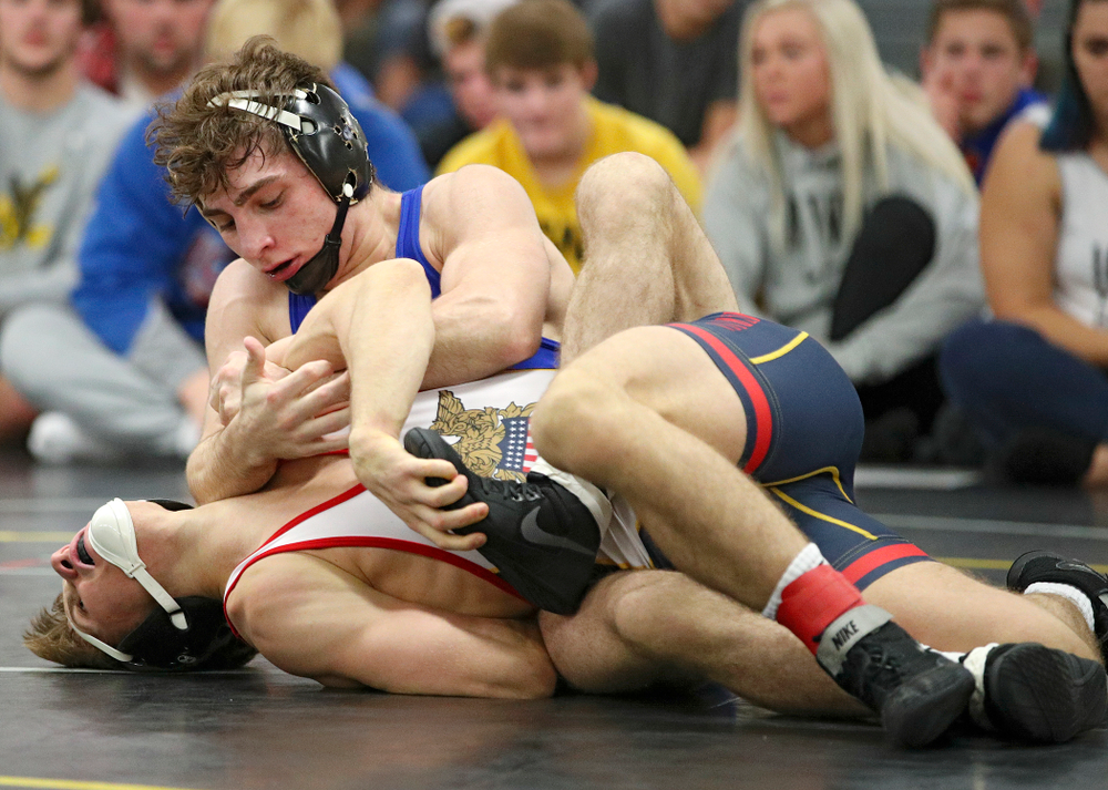 Iowa’s Austin DeSanto (top) works on top of Aaron Meyer during their preseason match at the Dan Gable Wrestling Complex at Carver-Hawkeye Arena in Iowa City on Friday, Nov 8, 2019. (Stephen Mally/hawkeyesports.com)