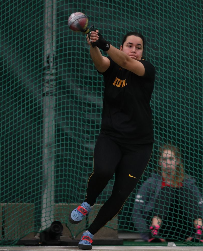 Iowa's Konstadina Spanoudakis competes in the weight throw Friday, January 11, 2019 at the Hawkeye Tennis and Recreation Center. (Brian Ray/hawkeyesports.com)