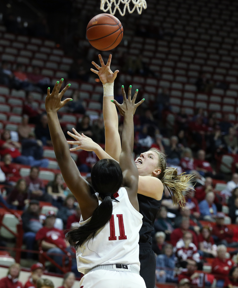 Iowa Hawkeyes forward/center Monika Czinano (25) against the Indiana Hoosiers Thursday, February 21, 2019 at Simon Skjodt Assembly Hall. (Brian Ray/hawkeyesports.com)