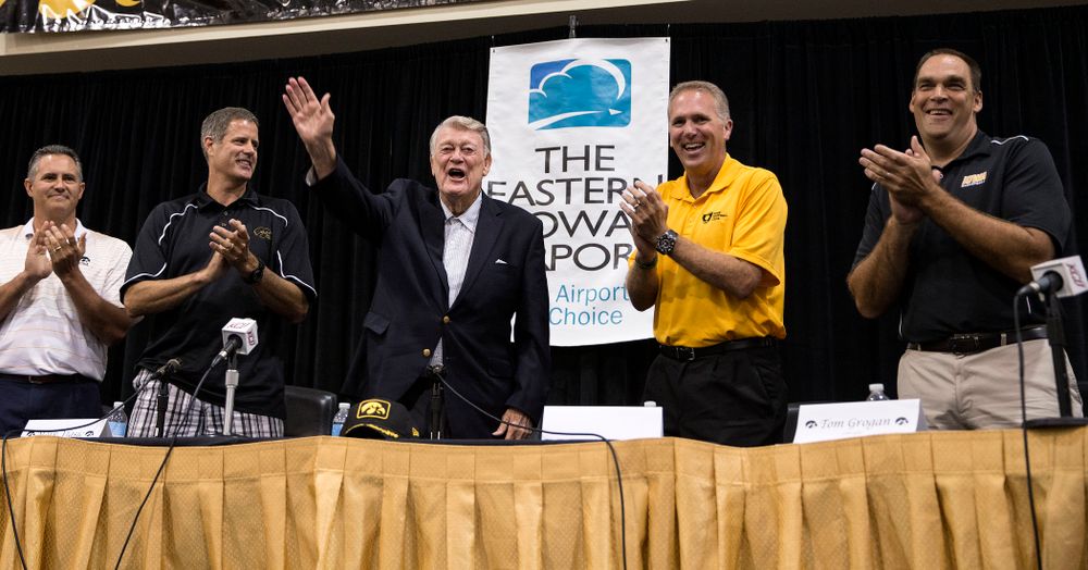 Former Hawkeye Football Head Coach Hayden Fry waves to the crowd following a panel discussion with former quarterback Chuck Long during a panel discussion at Fry Fest Friday, Aug. 29, 2014 in Coralville. (Brian Ray/hawkeyesports.com)
