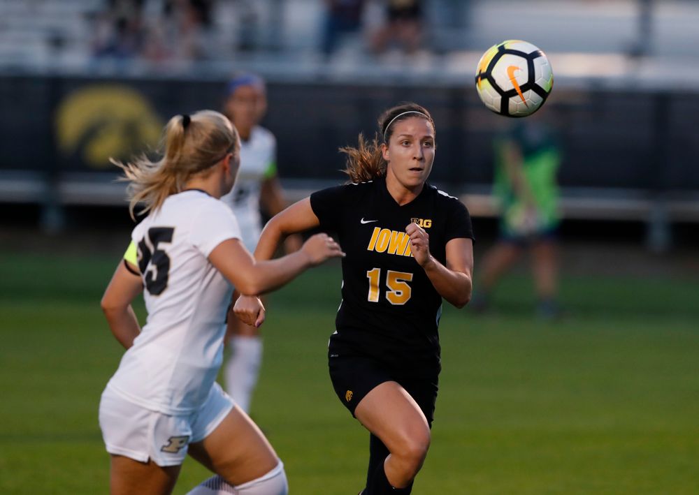 Iowa Hawkeyes Rose Ripslinger (15) against the Purdue Boilermakers Thursday, September 20, 2018 at the Iowa Soccer Complex. (Brian Ray/hawkeyesports.com)