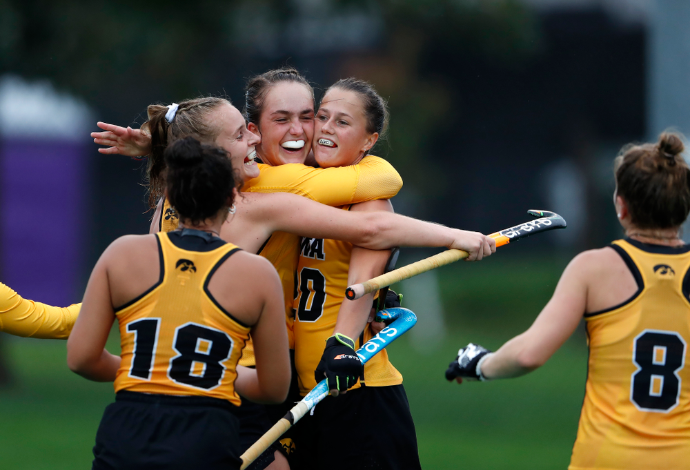 Iowa Hawkeyes Anthe Nijziel (6) and Sophie Sunderland (20) celebrate a goal against Stanford Sunday, October 7, 2018 at Grant Field. (Brian Ray/hawkeyesports.com)
