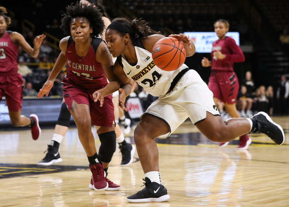 Iowa Hawkeyes guard Zion Sanders (24) drives the baseline during a game against North Carolina Central at Carver-Hawkeye Arena on November 17, 2018. (Tork Mason/hawkeyesports.com)